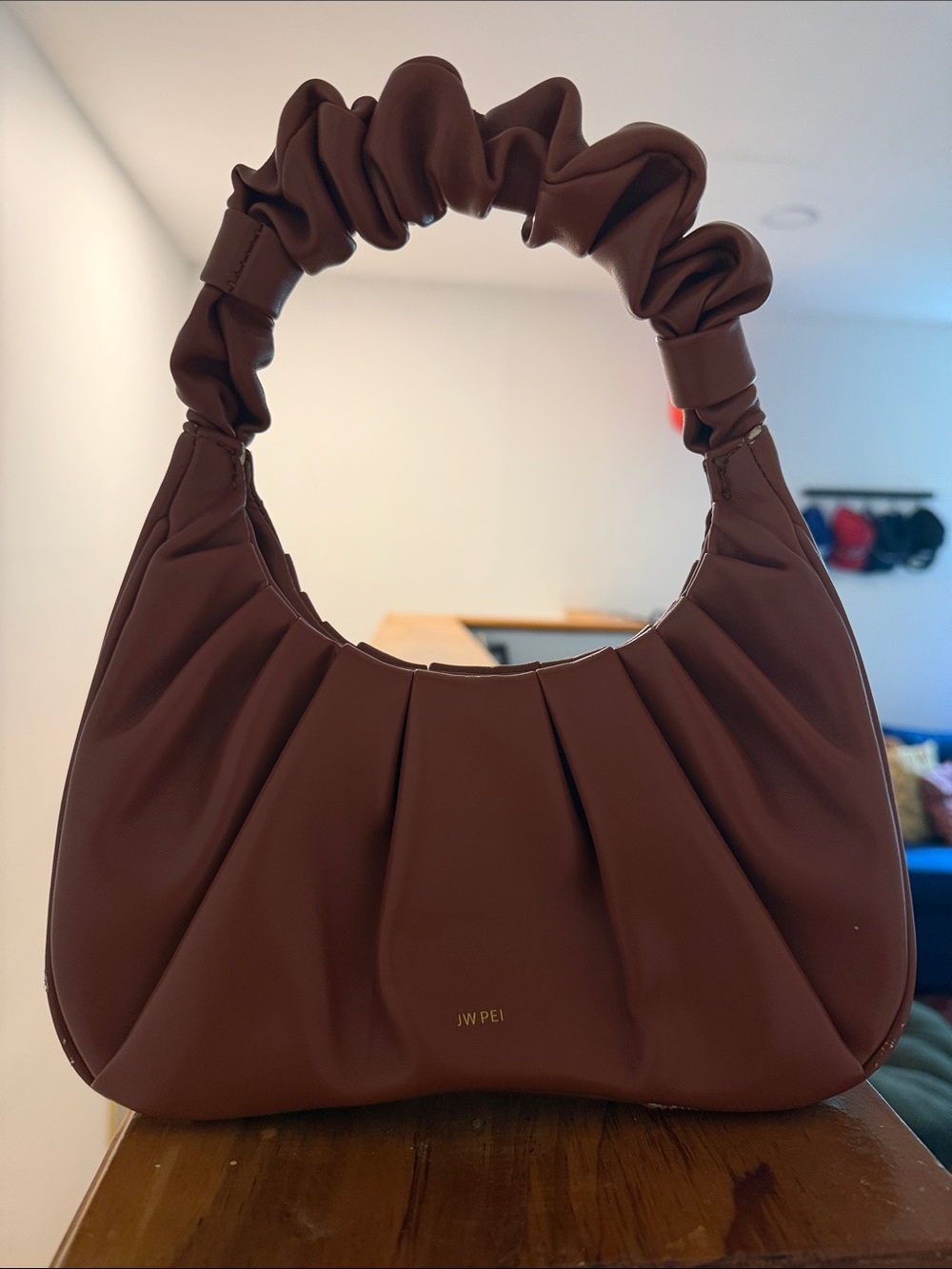 JW PEI Chocolate Brown Ruched Handle Shoulder Bag
